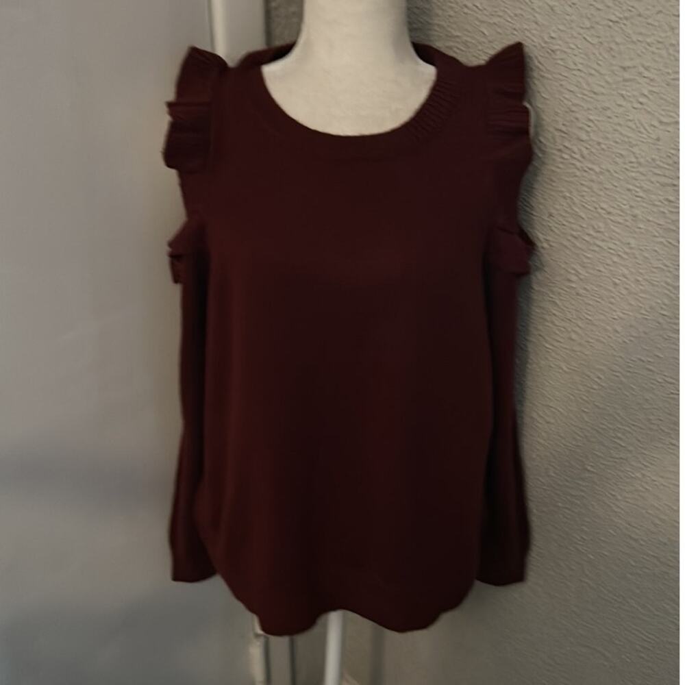 Love Riche Ruffled Wine Cold Shoulder Sweater L Cozy Comfy Winter Casual Fall